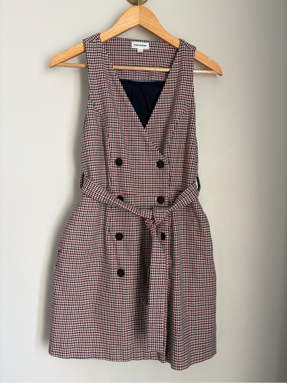 Frank & Oak Sleeveless Houndstooth Trench Dress - Blue, White & Red